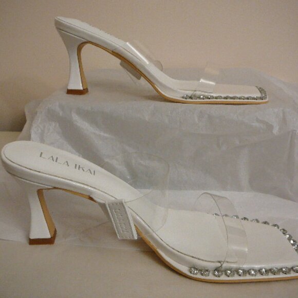 Lala Ikai Women's White Clear Strap Rhinestone Trim Sandals Mules-US 7.5, EUR 38 - Picture 2 of 9